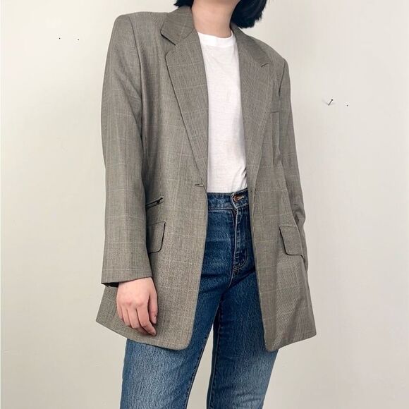 Vintage Burberry Plaid Tan Grey Wool Silk Blazer - Picture 2 of 8